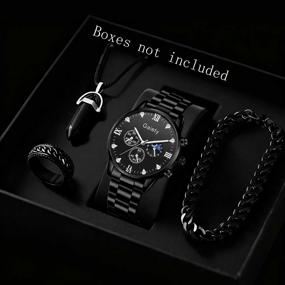 

4PC Men s Watch Set Business Trend Black Round Dial Quartz Watch Bracelet Necklace Ring Set Suitable for Daily Clothing Matching чёрный