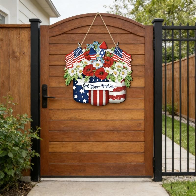 Patriotics Door Decoration Sign 4th of July Wreath for Front Door Hanger Memorial Day Wooden Hanging Sign Wood Plaque