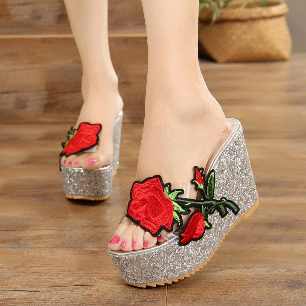 Women's Summer 2025 Floral Wedge Heel Platform Sandals - 13cm Thick Bottom, One-Strap Korean Style