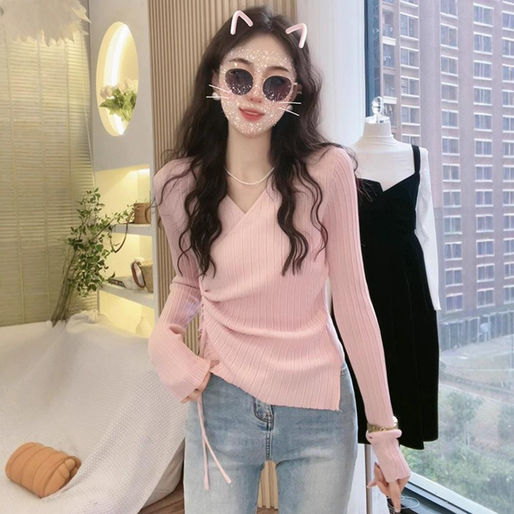 Autumn Pink V-neck Knitted Sweater Women's New Women's Clothing Slim-fit Irregular Long-sleeved Shirt