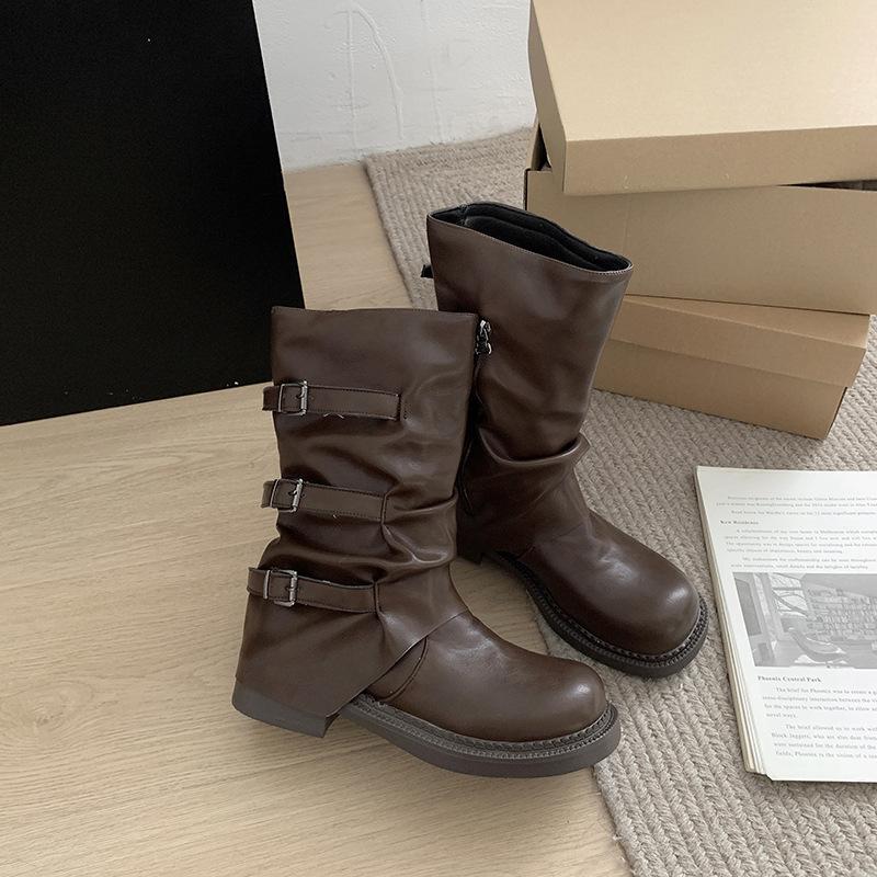 

Нишевые ретро-сапоги на толстом каблуке средней высоты, ковбойские стековые сапоги в стиле вестерн, рыцарские сапоги, ранняя осень, ботинки «Мартин», французские женские сапоги 39 коричневый