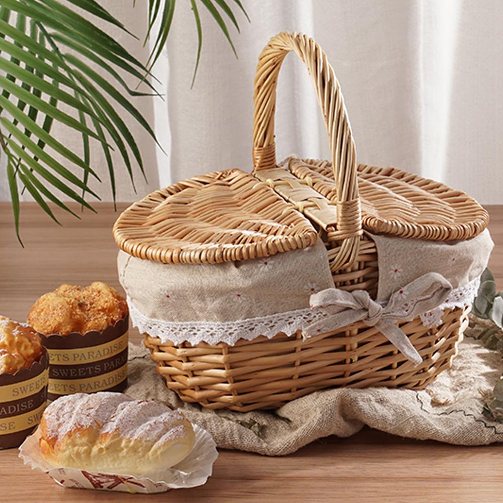 Wicker Picnic Basket With Lid Handle Picnic Hamper Handmade Willow Woven Storage Hamper Outdoor Camping Fruit Basket Container