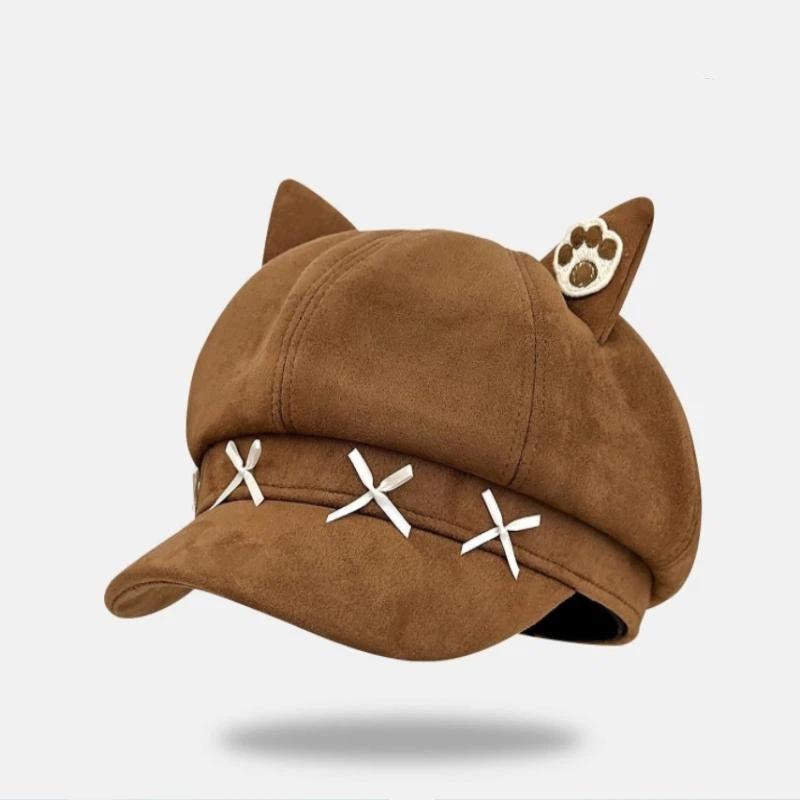 Sweet Bow Design Cute Cat Ear Berets Cap Spring And Autumn Travel Versatile Painter Hats For Woman