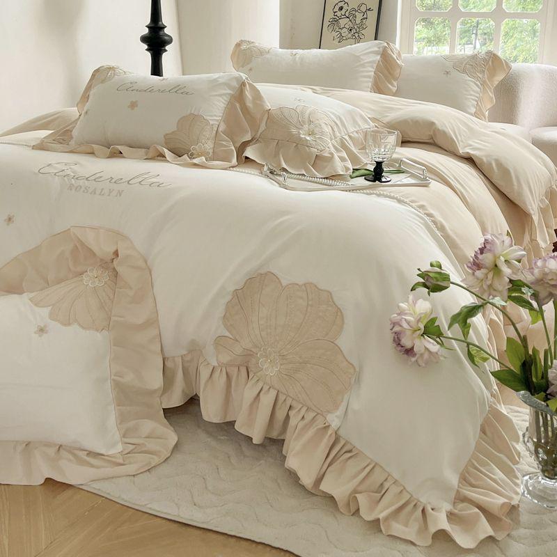 G5Z Koreanisches Prinzessinnen-Sonnenblumen-Stickbettwäsche-Set - Große Bettbezug & Spannbettlaken, Mädchenhaftes Vierteiliges Set