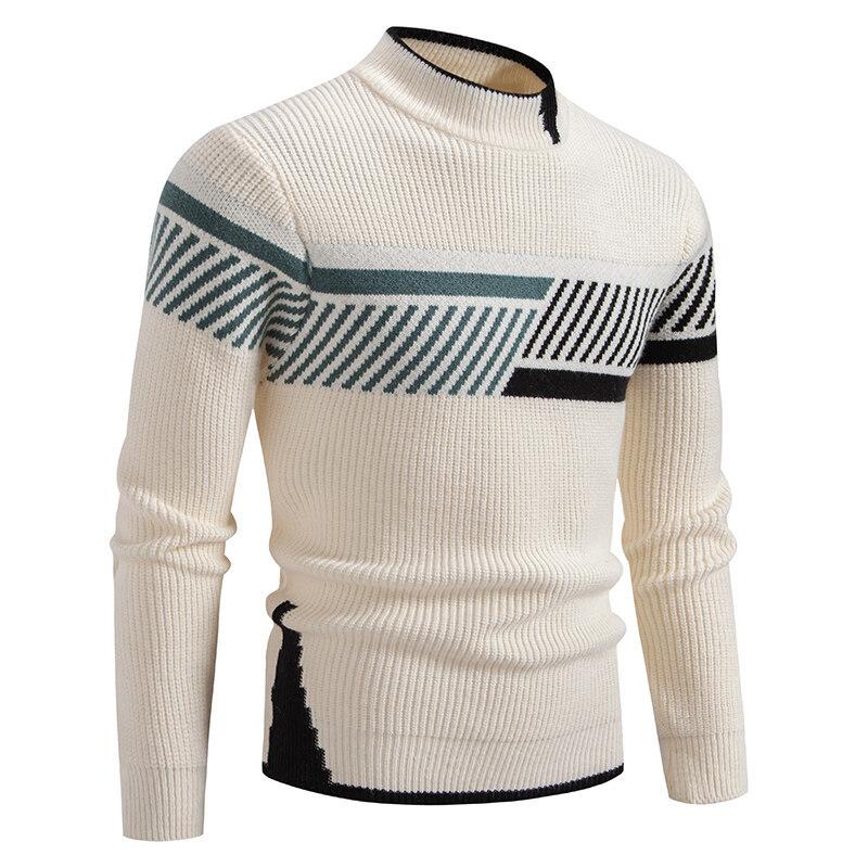 Men's Autumn and Winter Loose Contrasting Color Splicing Pullover Sweater Warm and Breathable Knitted Sweater