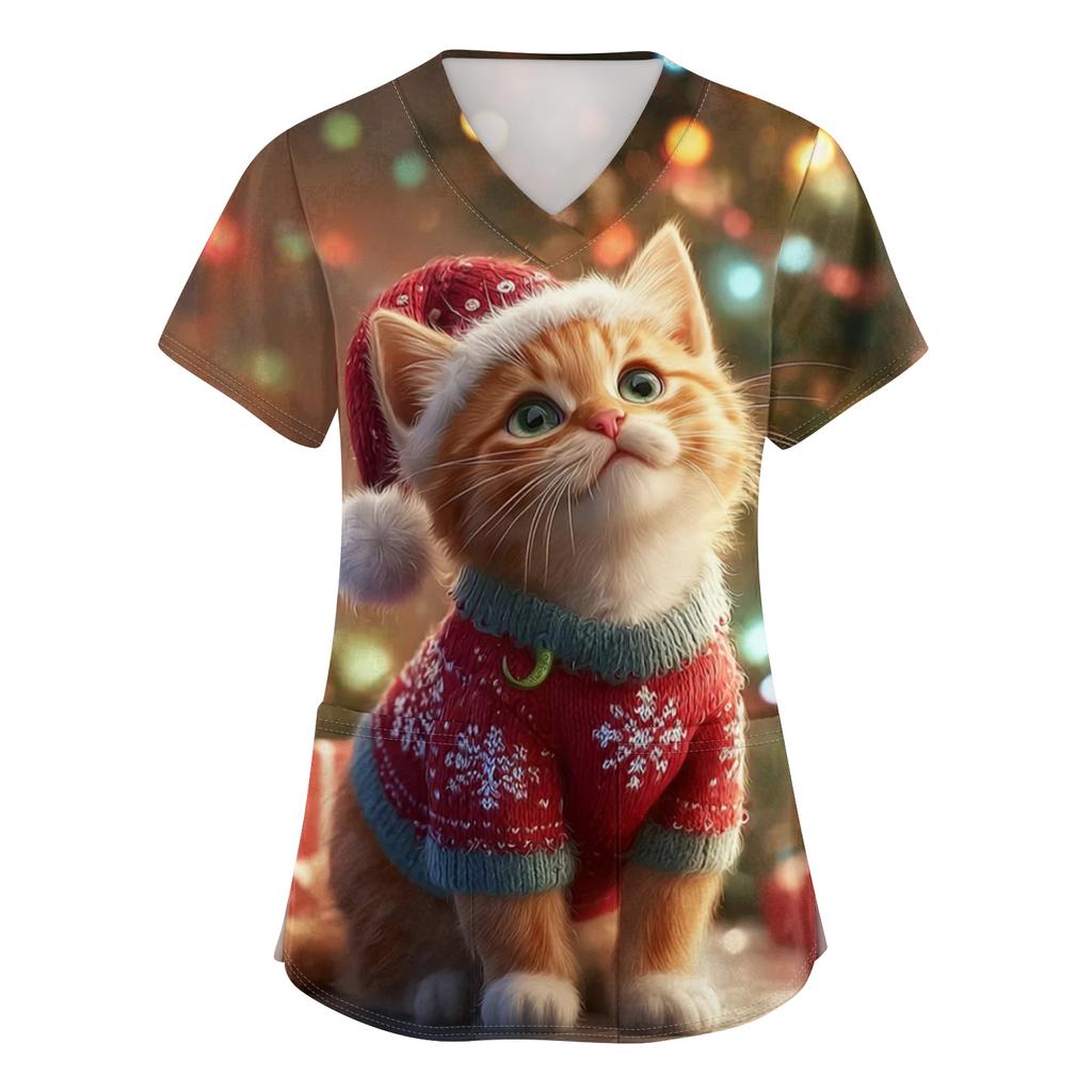 Women's V-neck Christmas printed short-sleeved pocket side-slit protective suit top