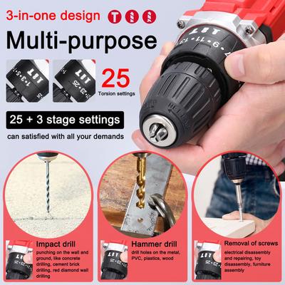 21V Electric Drill 3In1 Multifuctional Electric Drill Brush Motor 2 Speeds Control Stepless Speed Regulation 25 Gears Torques