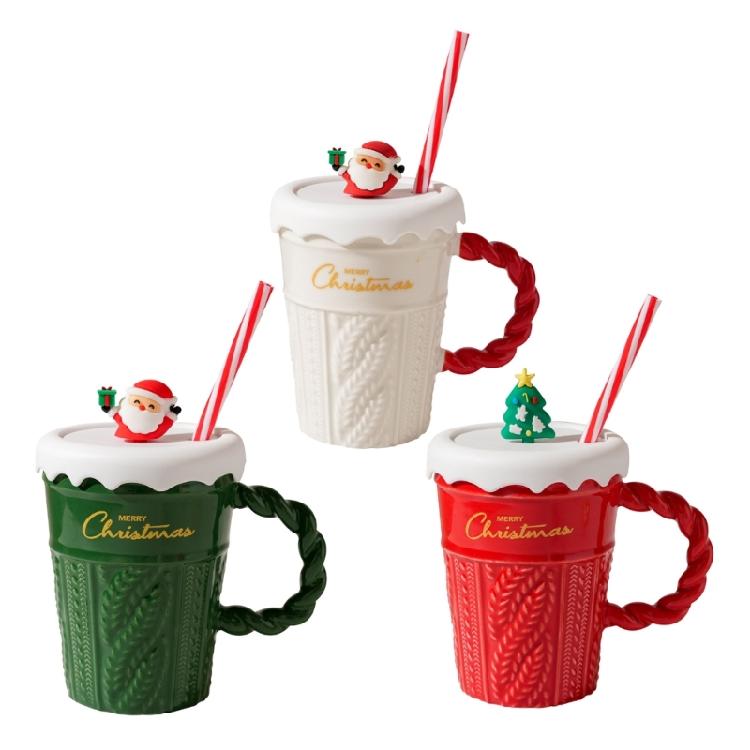 Christmas Ceramic Mugs Large 400ml Capacity Festival Christmas Theme Ceramic Mugs with Lid for Hot Beverage