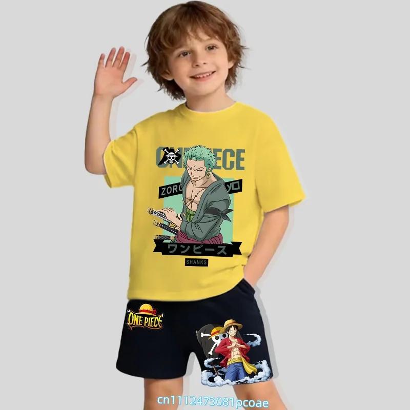 Children's Polyester Short-sleeved Shorts Set with "One Piece" Cartoon Print Boy's Sports Shirt for Summer T-shirt Set of 2 Pieces