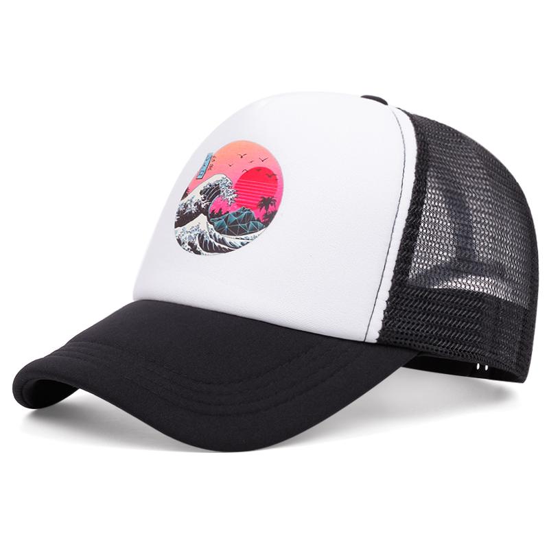 Modna czapka z siatki z ikoną fali, czapka baseballowa, męska, damska, regulowana, hip-hopowa, typu snapback, dla dorosłych, unisex, chroniąca przed słońcem, kapelusz kowbojski