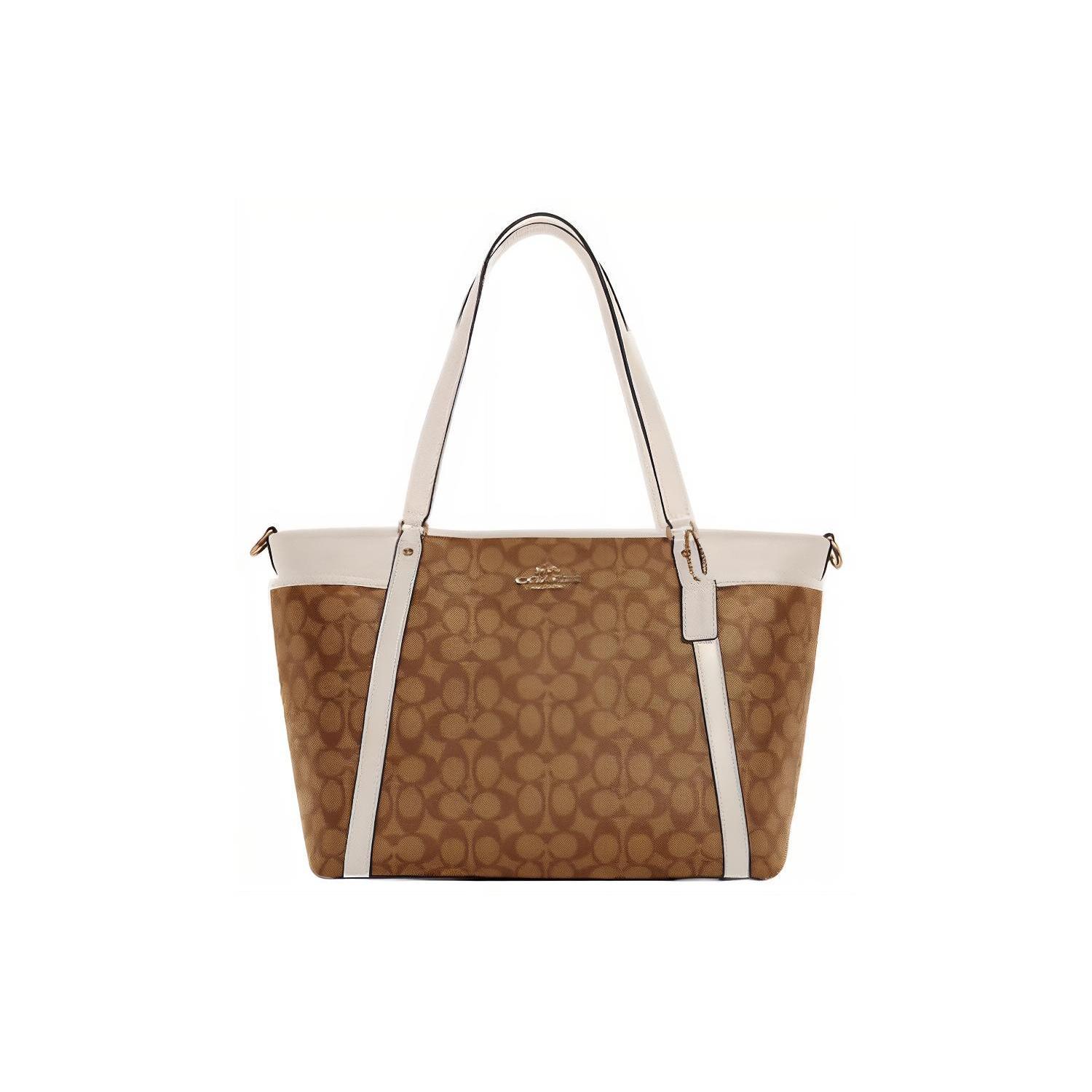 

New COACH Baby Canvas With Leather Tote Bag, Shopping Bag, Portable Crossbody Bag, Shoulder Bag Large Women s Khaki & White C4071-IMDJ8 36.1*18.0*30.0CM