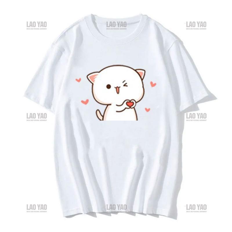 Lovely Peaches and Ash Ash T Shirt Szary Przyznaj się do błędu T-shirt Super słodki brzoskwiniowy kot kreskówka para nadruk T-shirt Unisex Unisex Topy Unisex