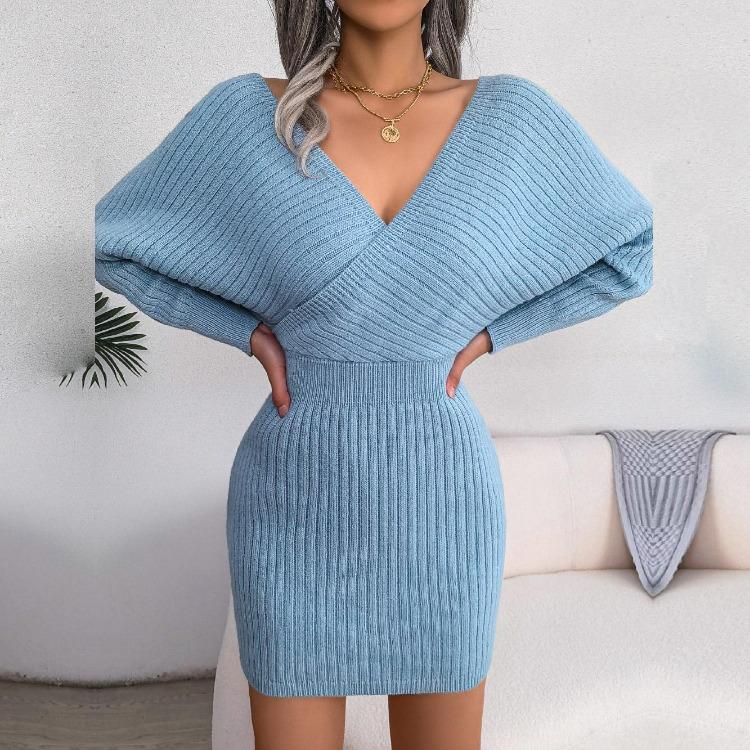 Woolen Wrap Dress Sexy Cross V Neck Batwing Sleeve Solid Color Winter Autumn Hip