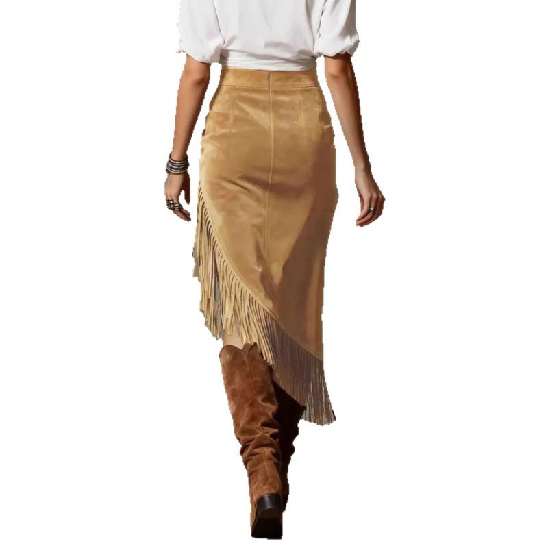Vintage Western Style Irregular Design Solid Color Midi Skirt