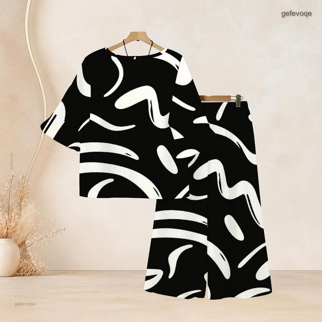 Women Plus Size Round Neck Flared Half Sleeve Top Black White Printed Long Pants Two Piece Set