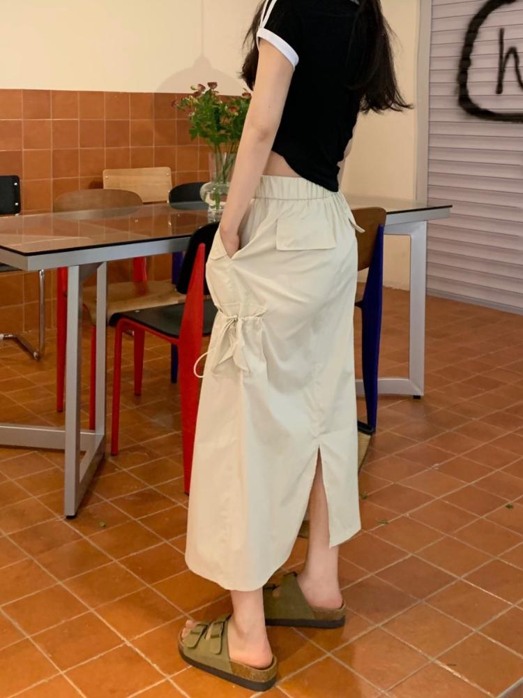 Chic Drawstring Pocket Design Cargo Skirt Women Summer Retro High Waist Gyaru Split Long Skirts Harajuku Fashion Streetwear New