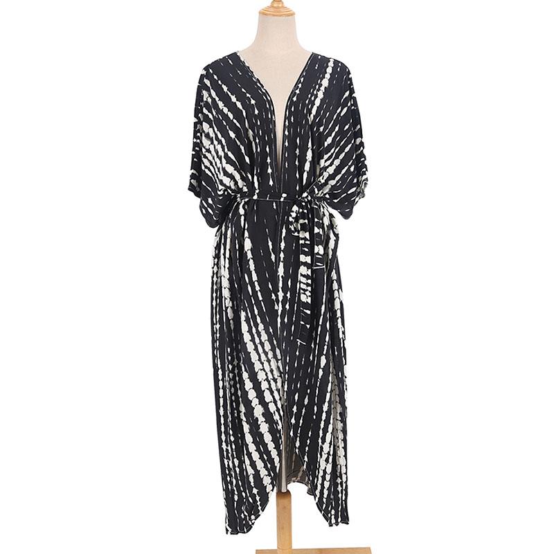 Bikini Cover Up Damen Batikmuster Strand Kimono Badeanzug Cape Sommer Wickelkleid mit Gürtel Urlaubsbadeanzug