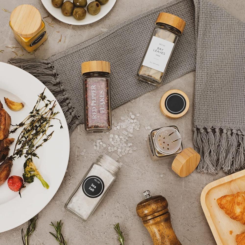 12 Piece Glass Spice Jars 4 Oz Glass Jars with Bamboo Lids Simple Farmhouse Spice Labels and Stickers, Collapsible Funnel