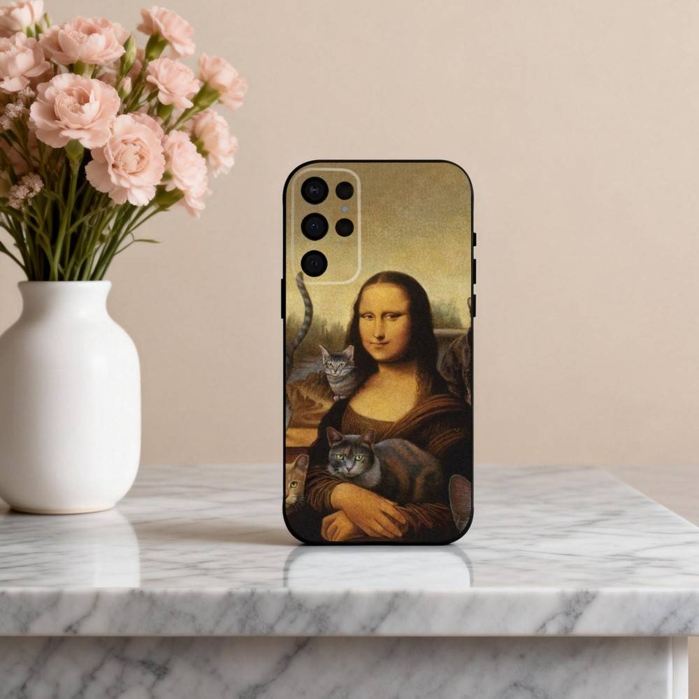 M-Mona-A L-Lisa Pat C-Cat Art Phone Case For Samsung S25,24,23,22,30,21,10,9,Ultra,Plus,Lite,FE,4,5 G Soft Black Case