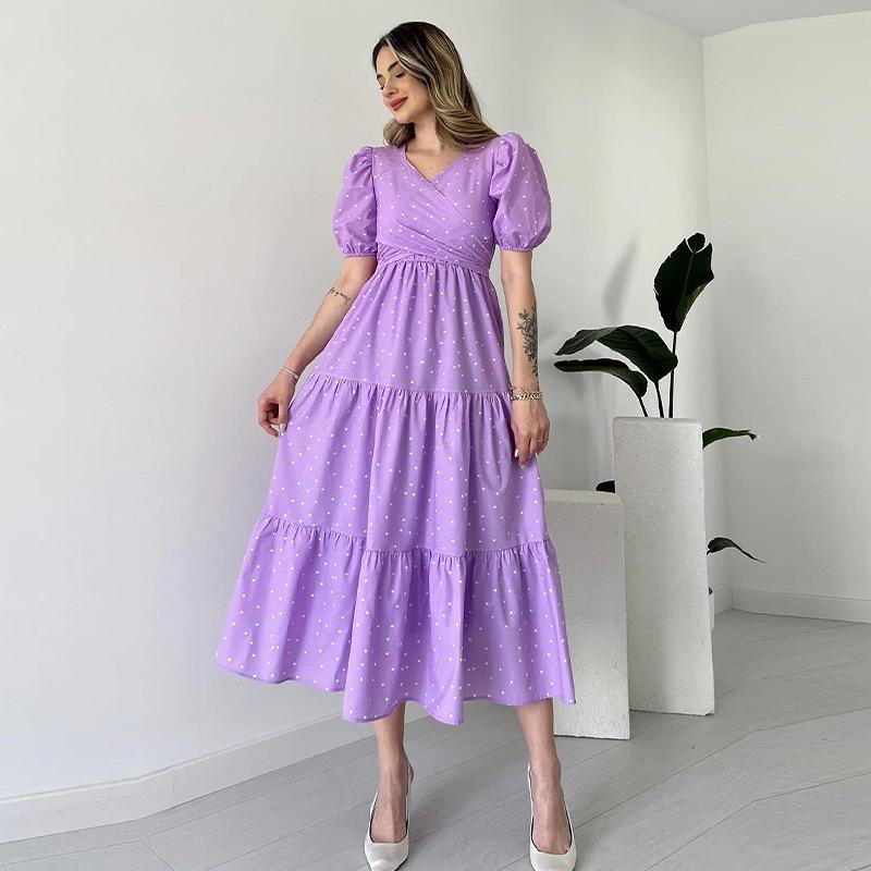 2024 Summer V-Neck High Waist Pleated Polka Dot Dress - European and American Style