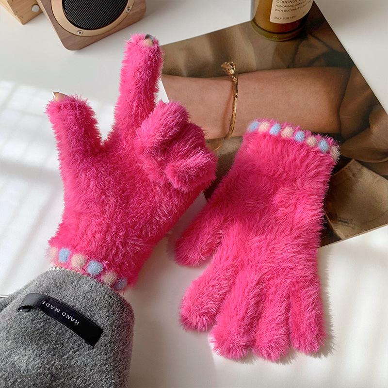 Cute Jelly Bean Fingerless Touch Screen Plush Five Finger Gloves for Women To Keep Warm in Winter and Velvet Thickened for Cycling Students