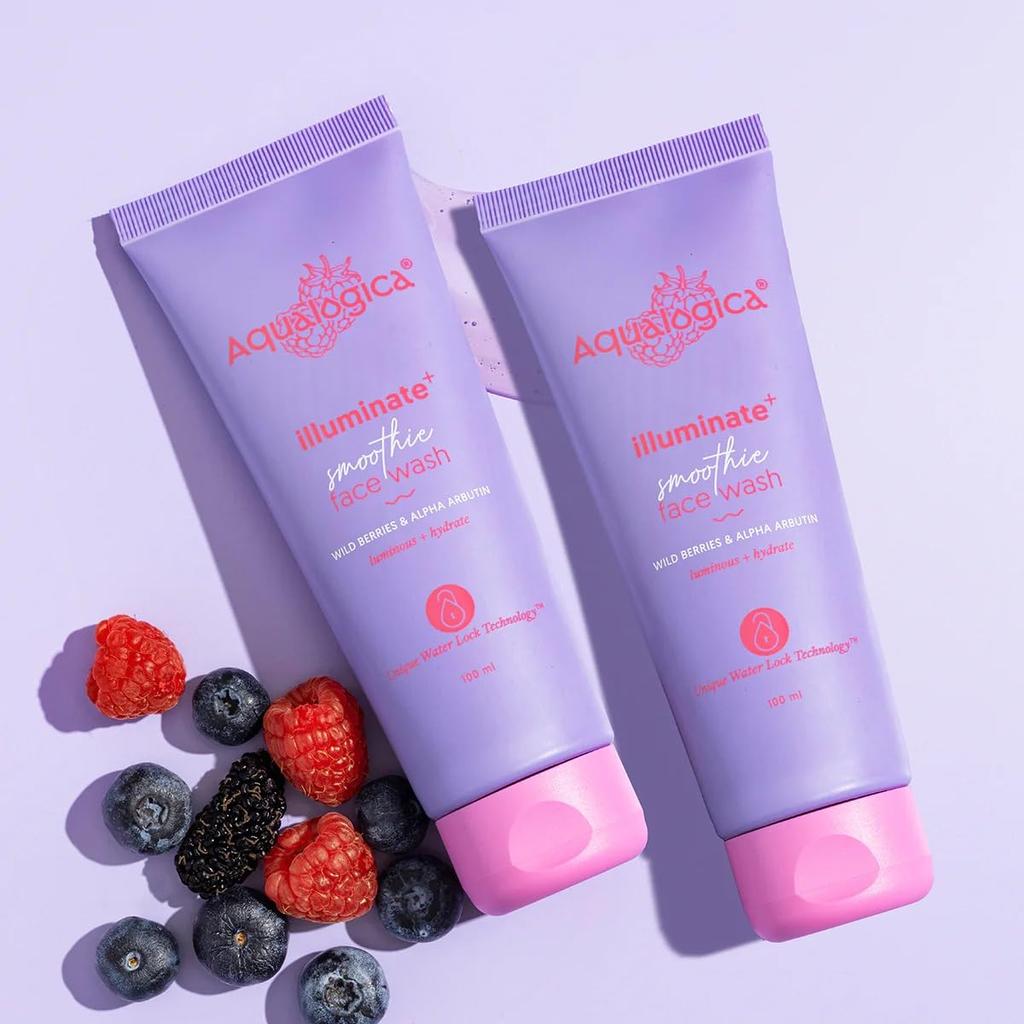 Aqualogica IIIuminate+ Smoothie Face Wash with Wild Berries & Alpha Arbutin for Luminous Glow - 100ml (Pack of 2) | Evens Skin Tone | Gently Cleans