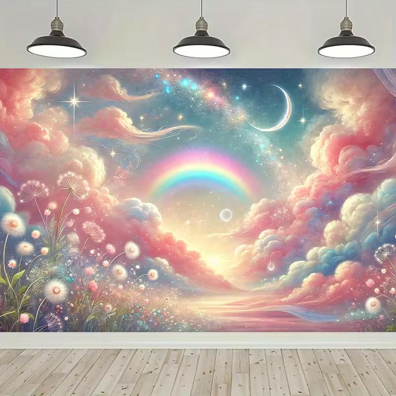 2D Whimsical Pastel Cloud Backdrop with Starry Sky & Rainbow Newborn & Gender Reveal Background