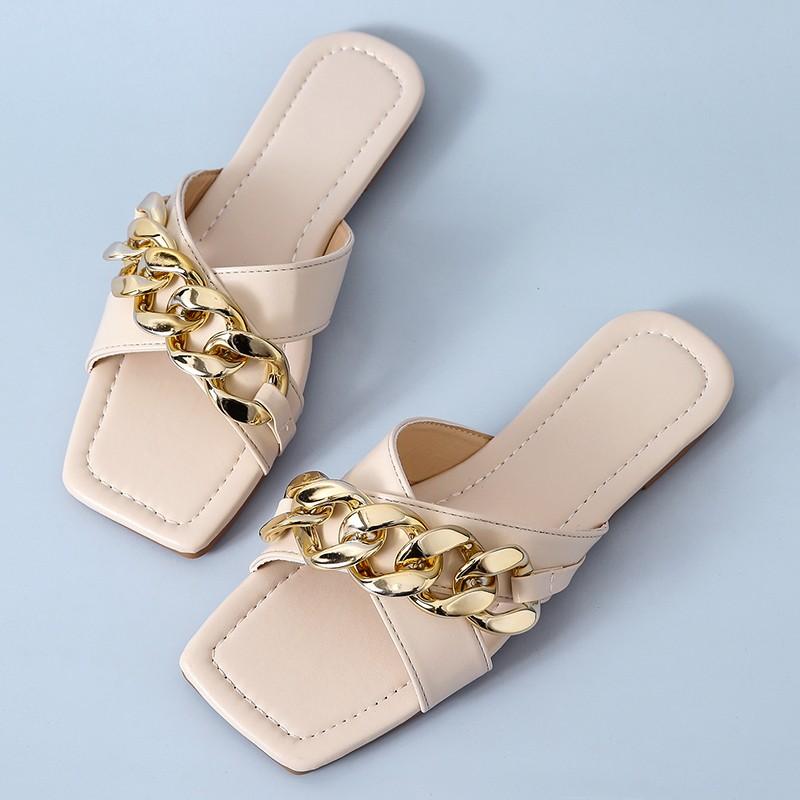 Women Slippers Metal Button Letter Decoration Zapatillas Mujer Summer Flat Ladies Sandals Beach Shoes Casual Flip Flop Slipper