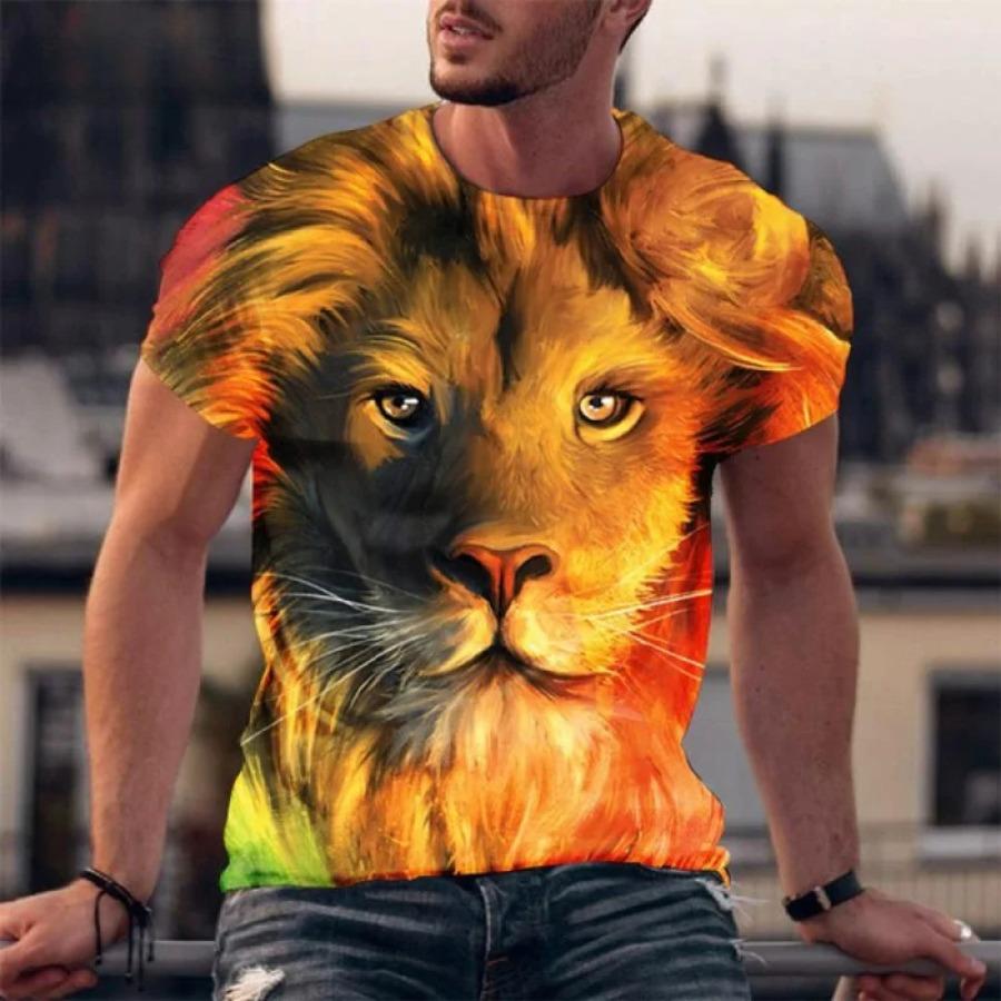 Summer Round Neck 3D Animal Lion Print Top Fashionable Casual Short Sleeved Men's T-shirts
