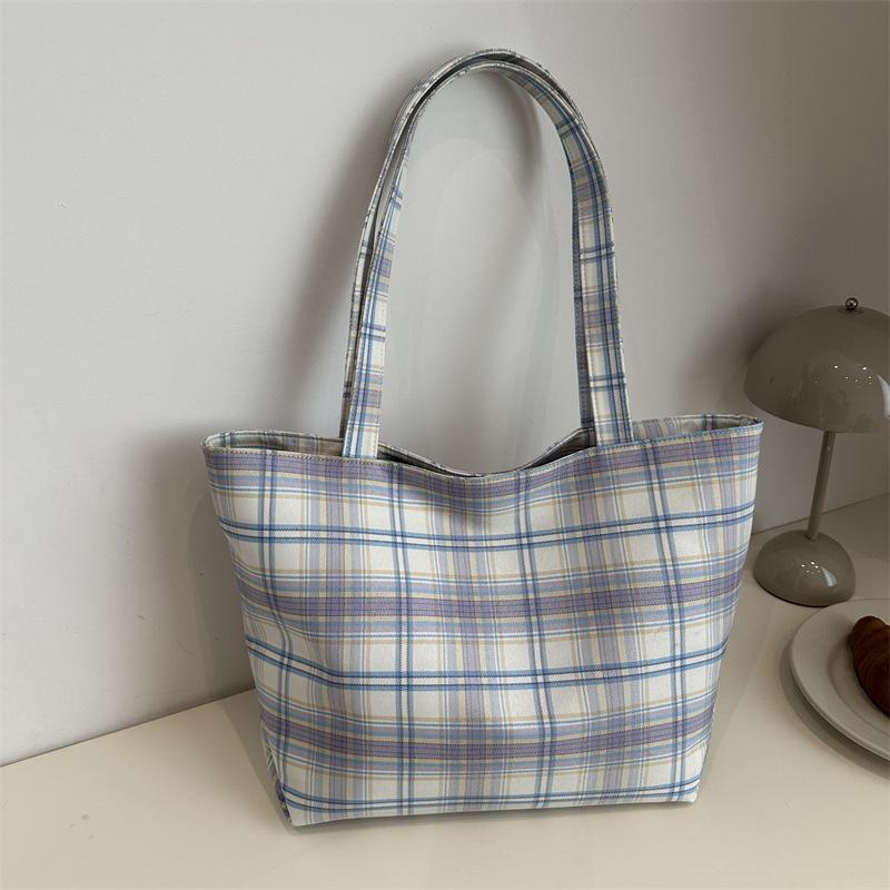 Canvas Bag Summer Fashion Plaid Handbag Light Travel Large Capacity Shoulder Bag Women