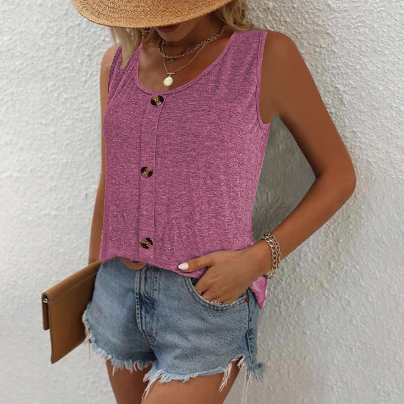 

Women s Summer Round Neck Button Casual Vest Clothes Sale XXL Яскраво-рожевий