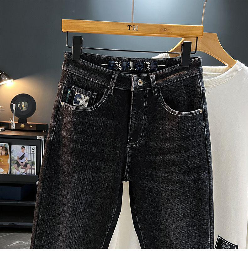 Men's Wear-Resistant Fleece-Lined Straight-Leg Stretch Slim-Fit Trendy Jeans