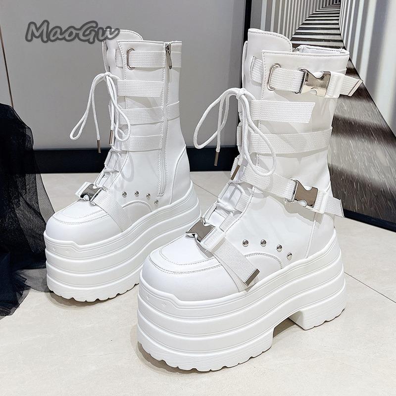 

Мода Модный Дизайн Супер Высокие Женские Сапоги Толстая Подошва Ремни с Пряжками Шнуровка Готические Короткие Ботинки Платформа Botas Mujer Черный Белый 35