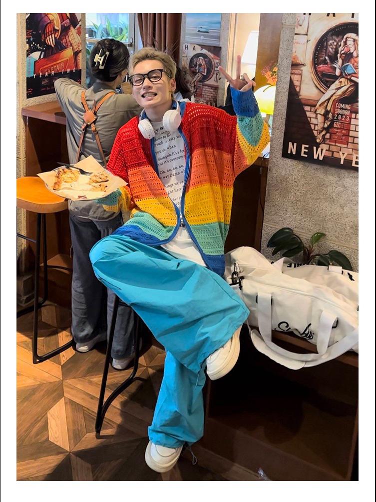 Unisex High-End Knitted Rainbow Cardigan with Zipper