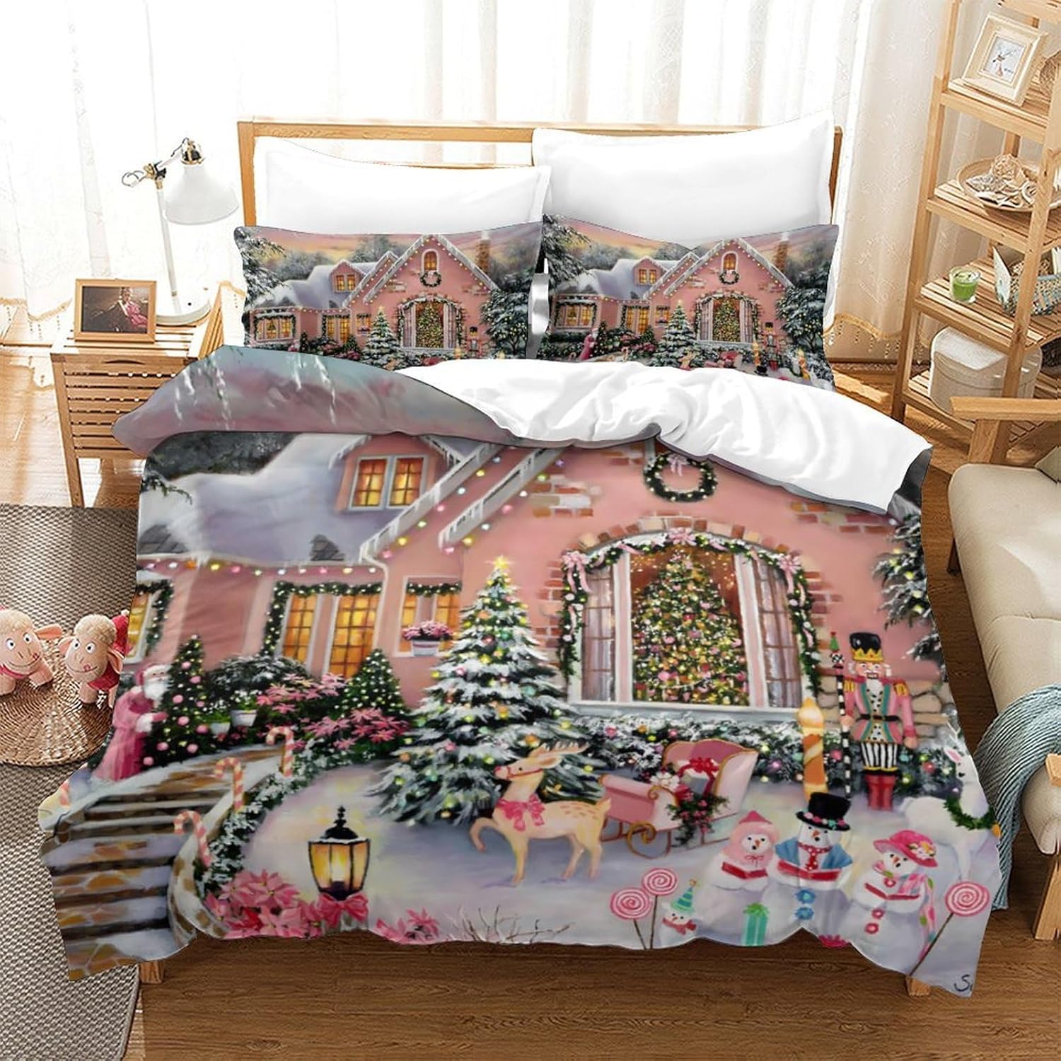 Christmas Theme 3D Printed Duvet Cover Microfiber Bedroom Decor Christmas Bedding Set Soft Breathable for Adult Student Gift Nan 135x200cm