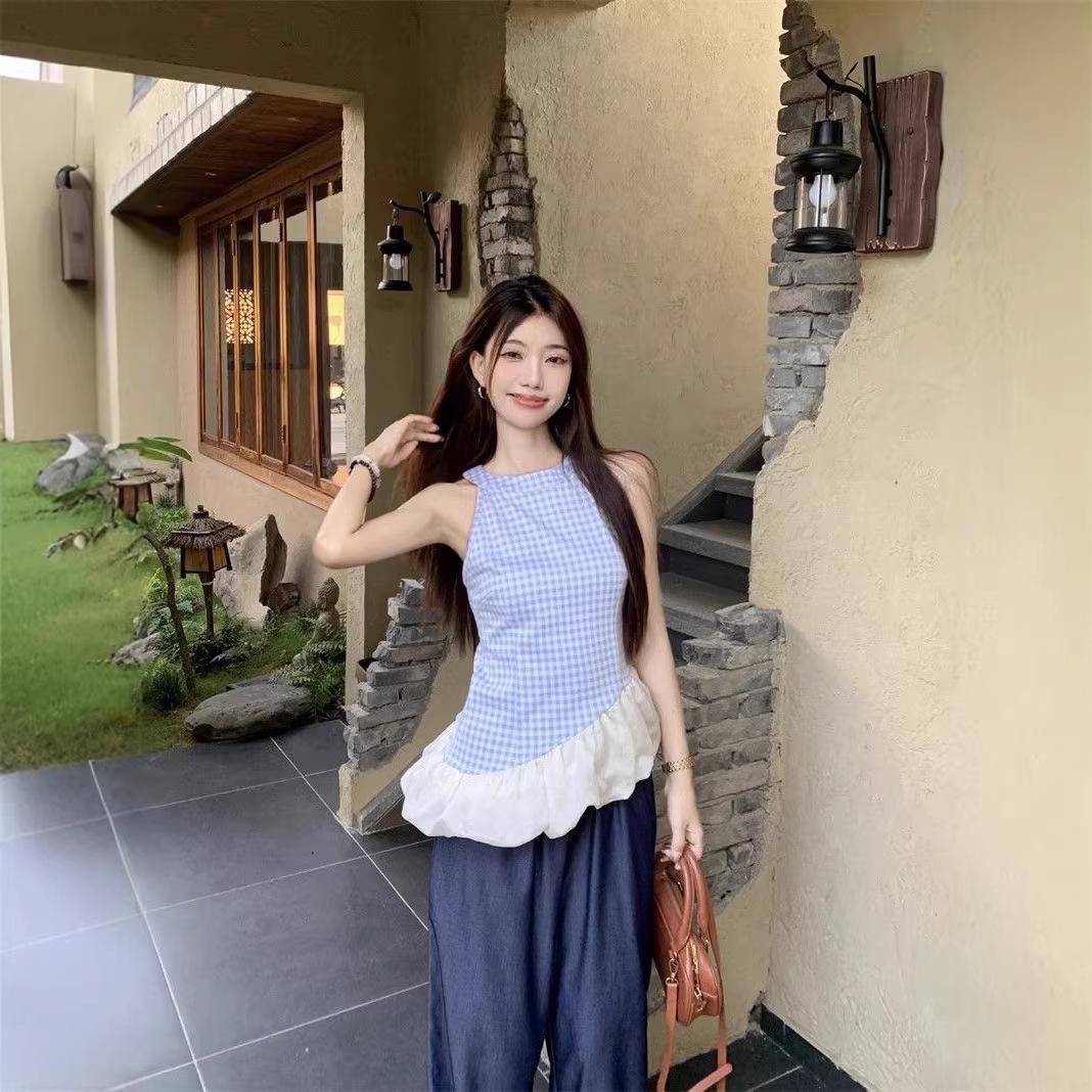 

Irregular Mesh Patchwork Blue Plaid Halter Tank Top - Slimming Sleeveless Women s Spring Outerwear M синій