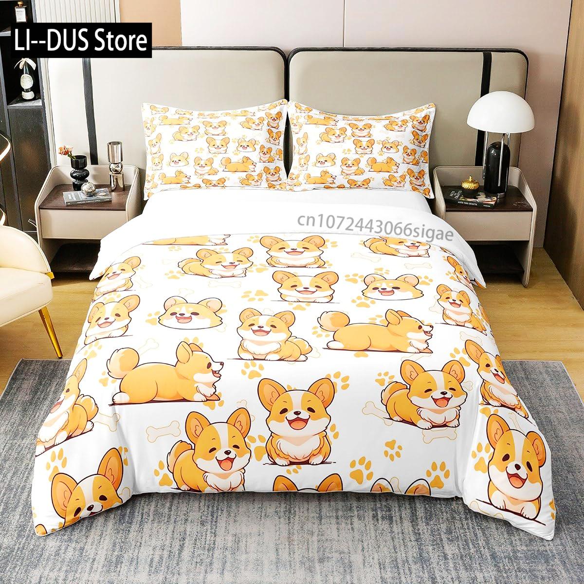 

Little Corgi Cartoon Hearts Background, Dog Lover Bedding Set, 3 Piece Decor Quilted Cover with 2 Pillow Shams, Queen Full Size EU single(135x200cm)