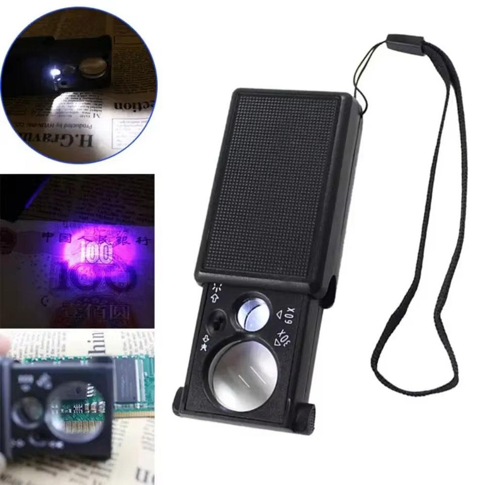 30X 60X Pocket Jewelry Magnifier Sliding Illuminated Magnifier with UV LED Light Hand Magnifier Lens for Diamond Coins