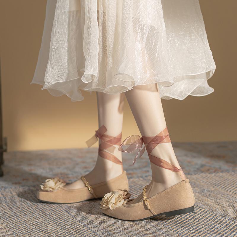 Dry Rose Camellia Princess Shoes Square Head Ballet Straps Girls Single Shoes Flat Fairy Bridesmaid Shoes Mary Jane