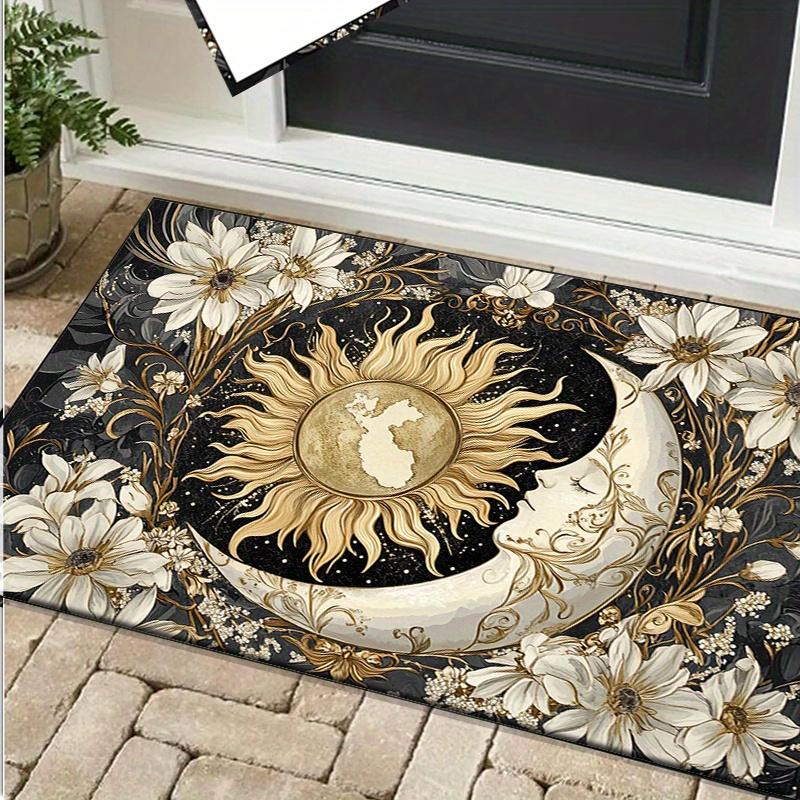 Golden Sunflower Moon Rug for Boho Chic Interiors | Elegant Floral and Celestial Design for Living Spaces Skid resistant carpet