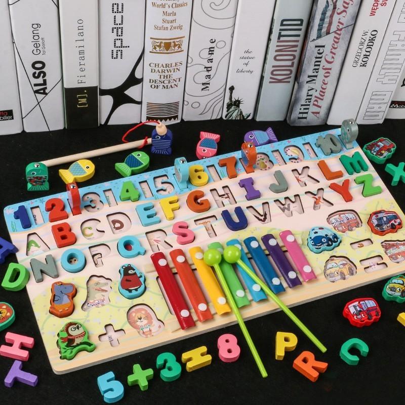 Wooden Cartoon Ocean Fishing Cartoon Number Letter Traffic Shape Matching Logarithm Board Cognitive Toy for Kids