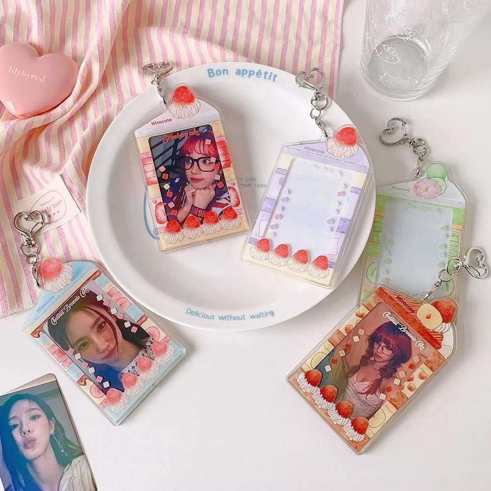Acrylic Kpop Photocard Holder Keychain 3 Inch Cake Dessert Shape Campus Card Protective Case Transparent