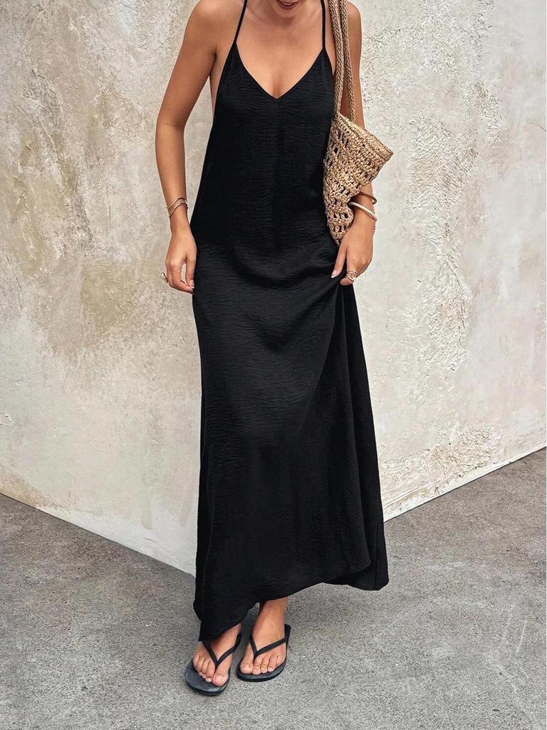 European & American Solid Color Sleeveless Beach Dress with Thin Straps
