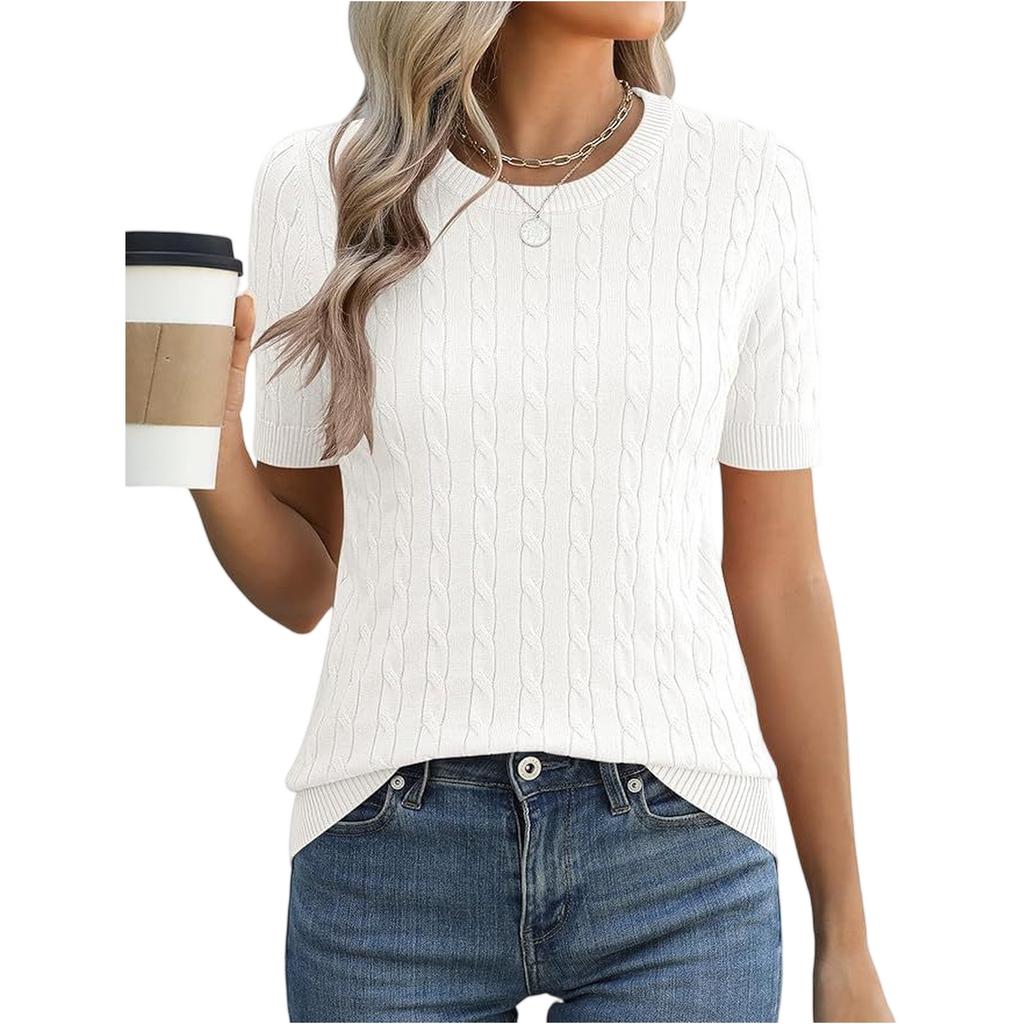 Women Short Sleeve Cable Knit Pullover Crew Neck Ribbed Hem Fitted Soft Stretchy Lightweight Sweater Top