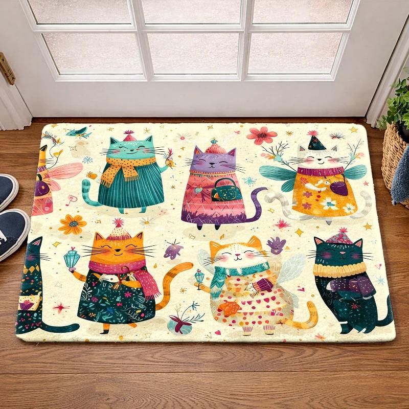 Retro Mid Century Black Cat Doormat Green Stripe Bow Vintage Cartoon Cat Indoor Entrance Rug