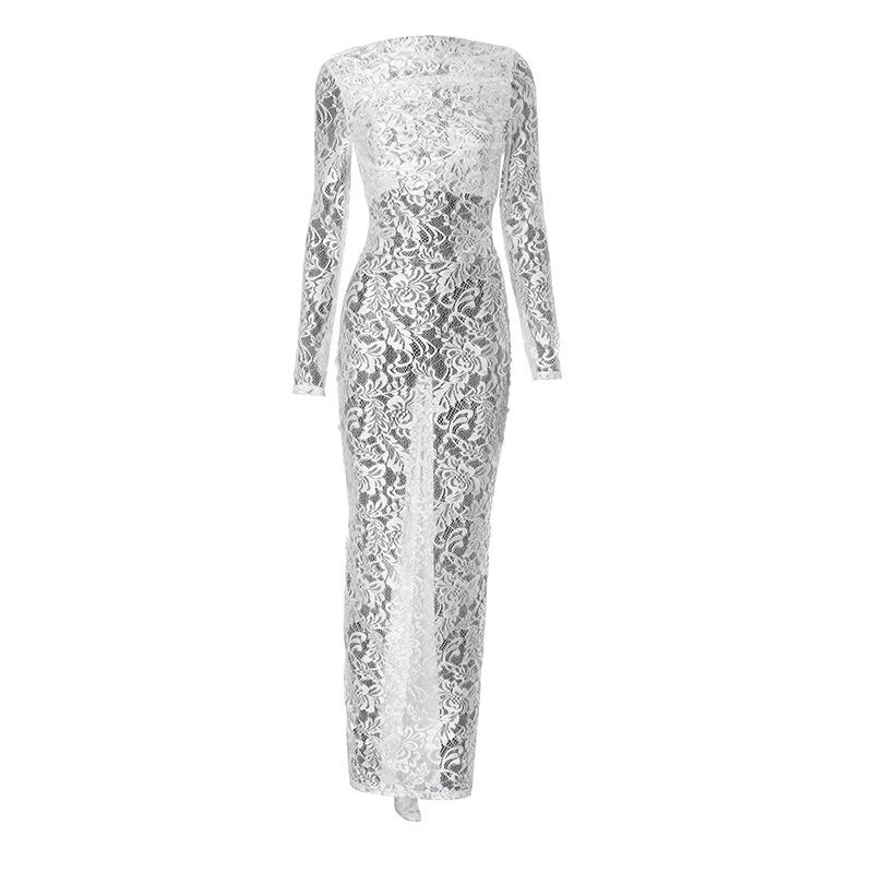 Backless Lace Floral Sheer Slimming Long Sleeve Street Style Dress