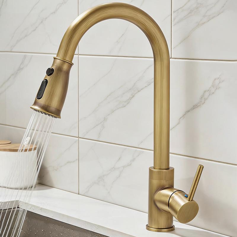 Elegant European-Style Brass Kitchen Faucet with Pull-Out Sprayer for Hot and Cold Water
