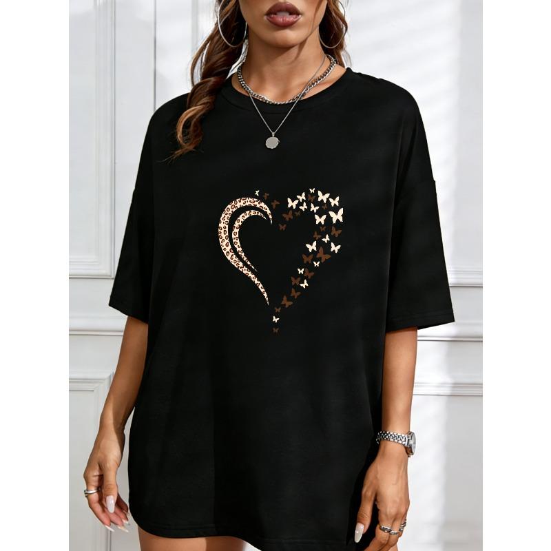

White T Shirt With Leopard Print Heart And Butterflies Pattern For Casual Wear XXXXL чёрный