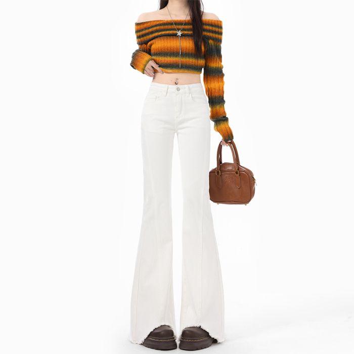 2025 Women s High-Waisted Flared Jeans with Raw Hems XS