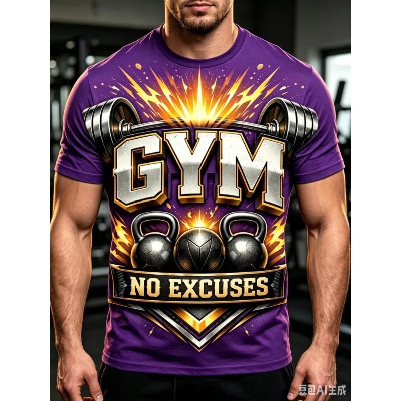 Fashion New Men's GYM No Excuses Barbell Kettlebell Explosion Print T-Shirt Fitness T Shirt Casual Streetwear Short SleeveTops